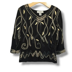 Once 1 Again womens petite 3/4 sleeves VNeck  embroidered blouse​